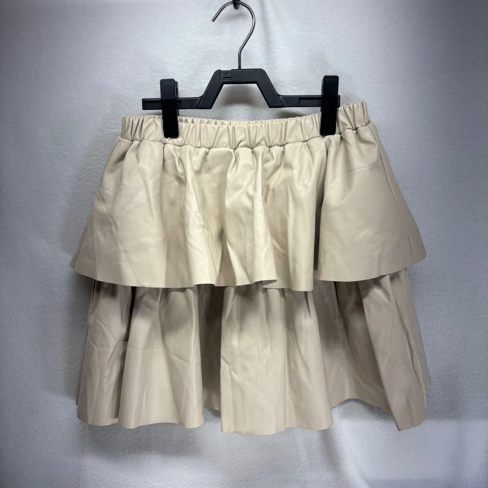 idem ditto Beige Faux‎ Leather Tiered Ruffle Mini Skirt Size S
